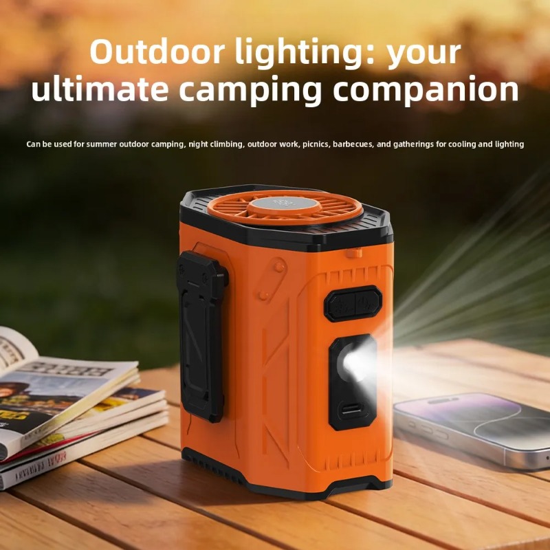 Outdoor Power Bank - 屋外作業用クーラーファン 3600mAh充電式腰掛け/首掛けファン パワーバンク付き LEDライト搭載 6段階風量調節 強力送風クールファン
