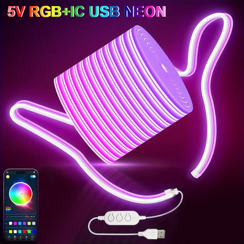 Outdoor Usb Power Strip - 1M 2M 3M 5M 5V RGBICネオンLEDライトストリップ、音楽同期、ワイヤレスアプリ制御、USB電源、フレキシブルアンビエントストリーマーロープライト