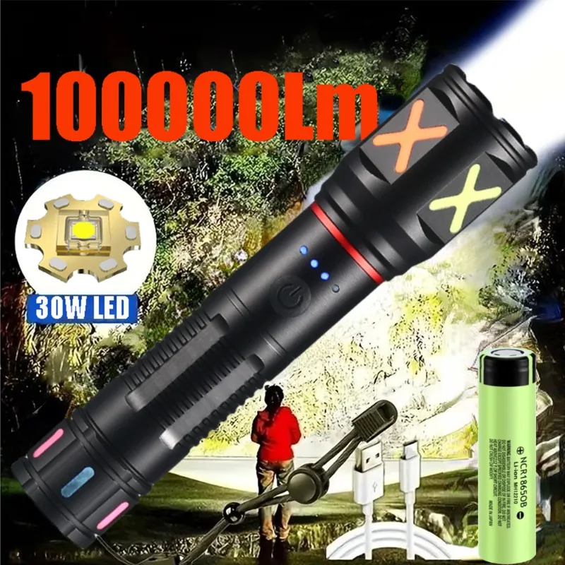 Outdoor Usb Power Strip - 強力な白色レーザー LED 懐中電灯 USB 充電ズーム長距離戦術ランタン、屋外キャンプ用の発光ストリップ付き