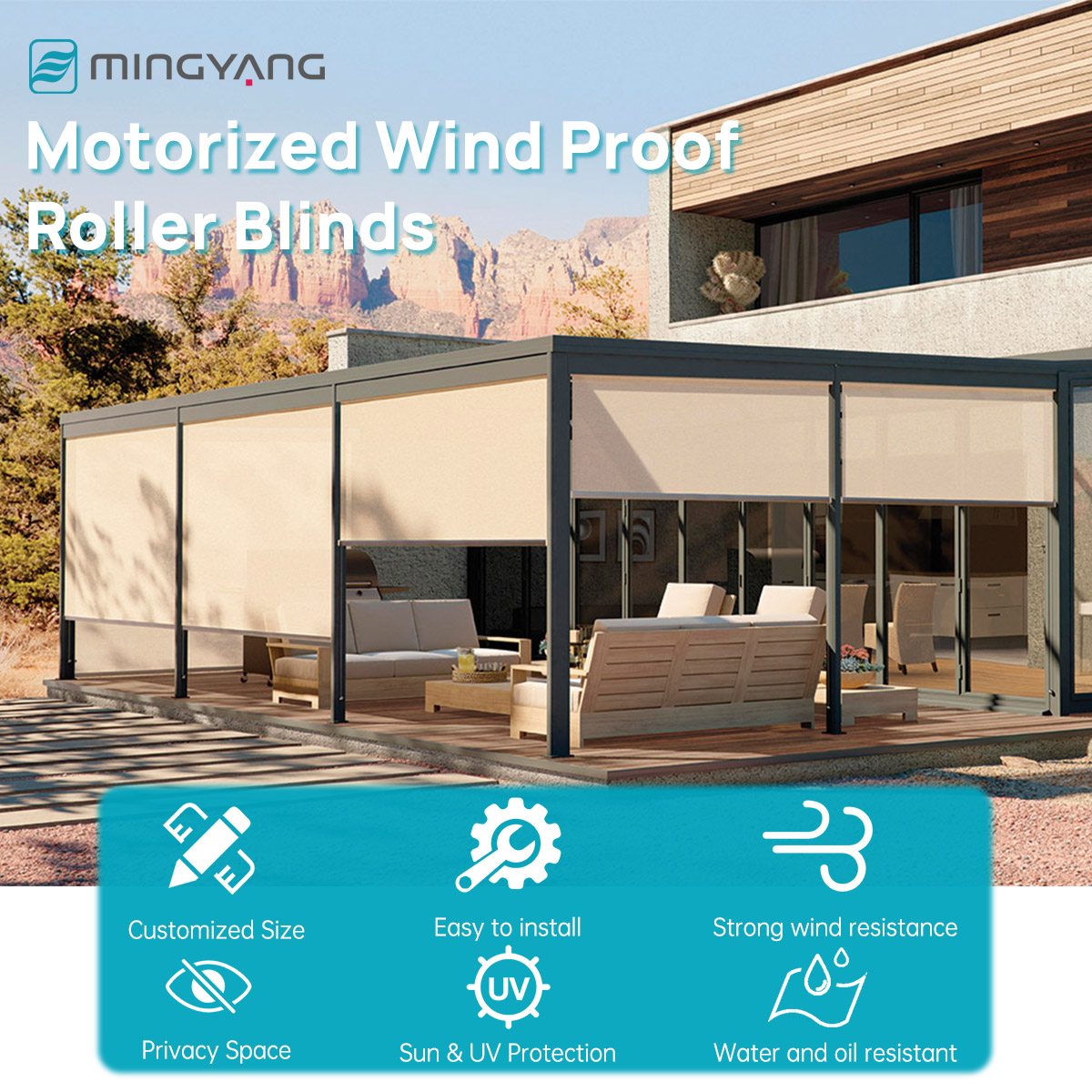 防水・防風・屋外電動ローラーブラインド、PVC生地、ジップト - Outdoor Power Blinds のレビューと価格