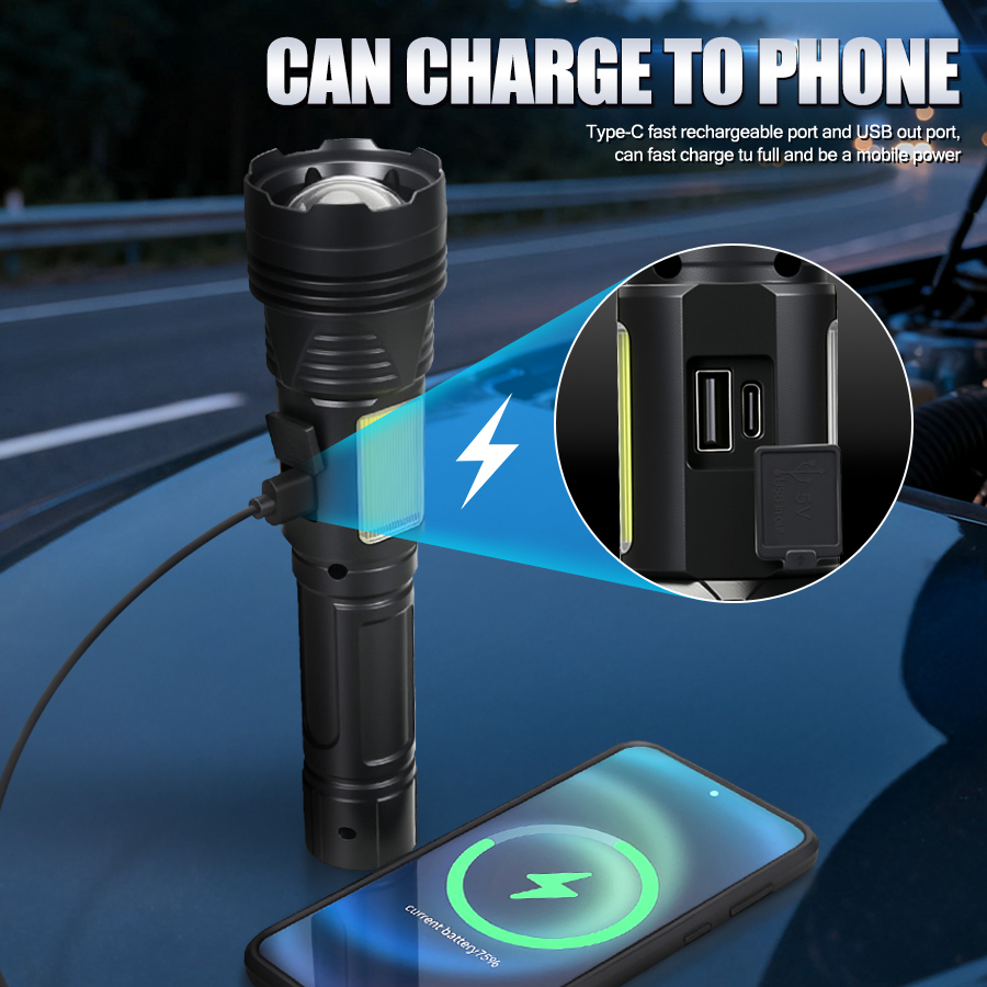 強力なLEDハンドヘルド懐中電灯USB充電式戦術ズームトーチ - Outdoor Power Bank のレビューと価格